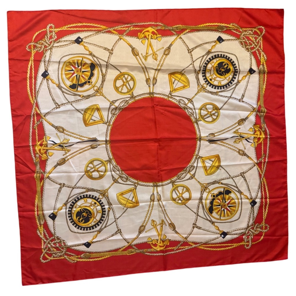 Nautical Silk Scarf Red White Gold Anchor Rope Compass Square Scarf 34.5*35 inc